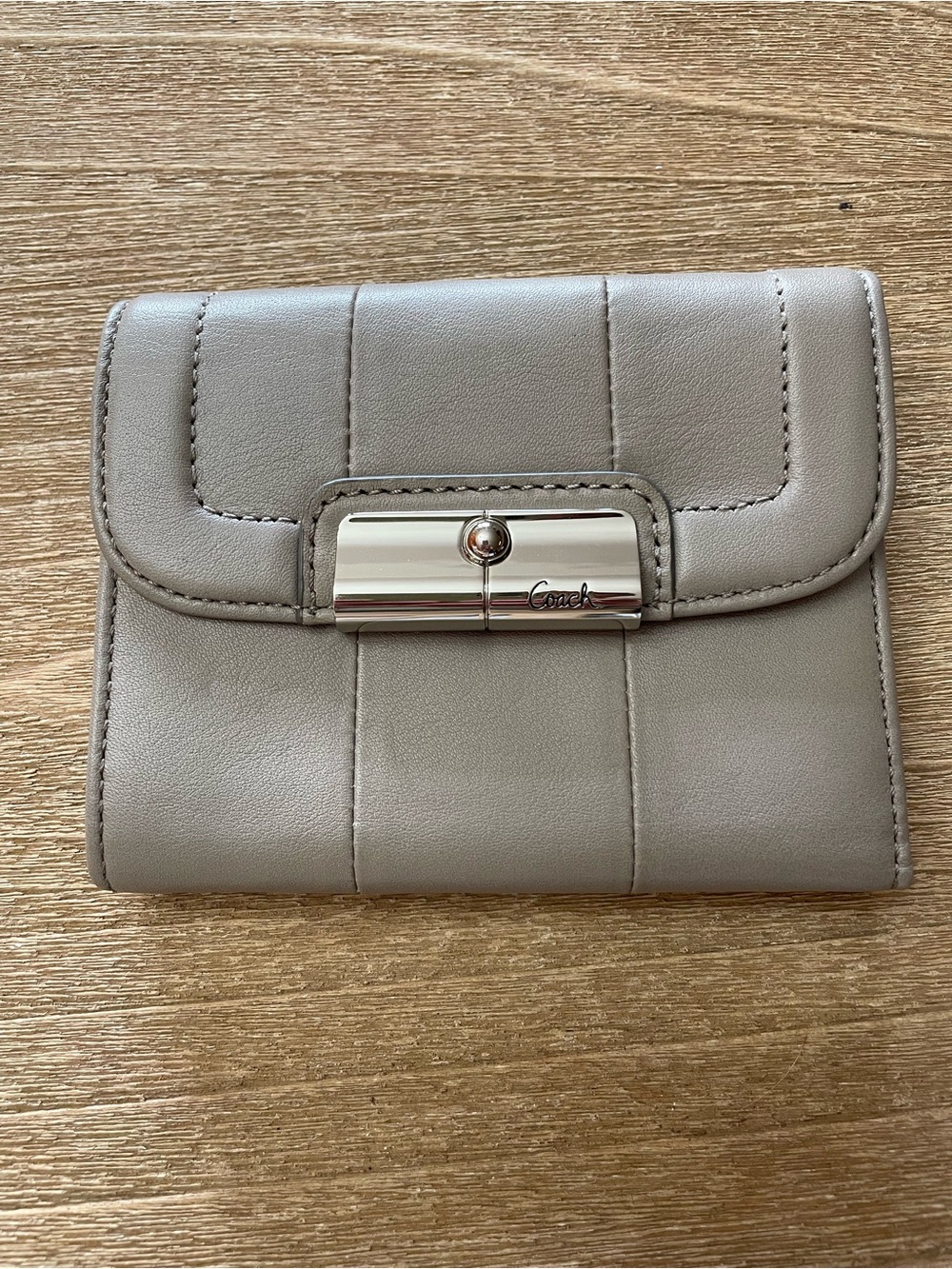 Coach Gray Leather Compact Wallet with Silver-Tone Turnlock